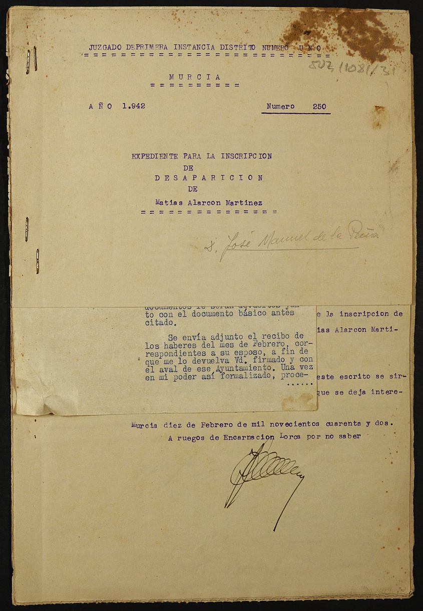 Expediente nº 250/1942 del Juzgado de Primera Instancia de Murcia para la inscripción en el Registro Civil por la defunción en el frente de Matías Alarcón Martínez.